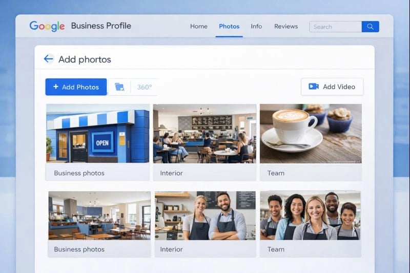 Google Business Profile photo gallery with exterior and interior business images for engagement