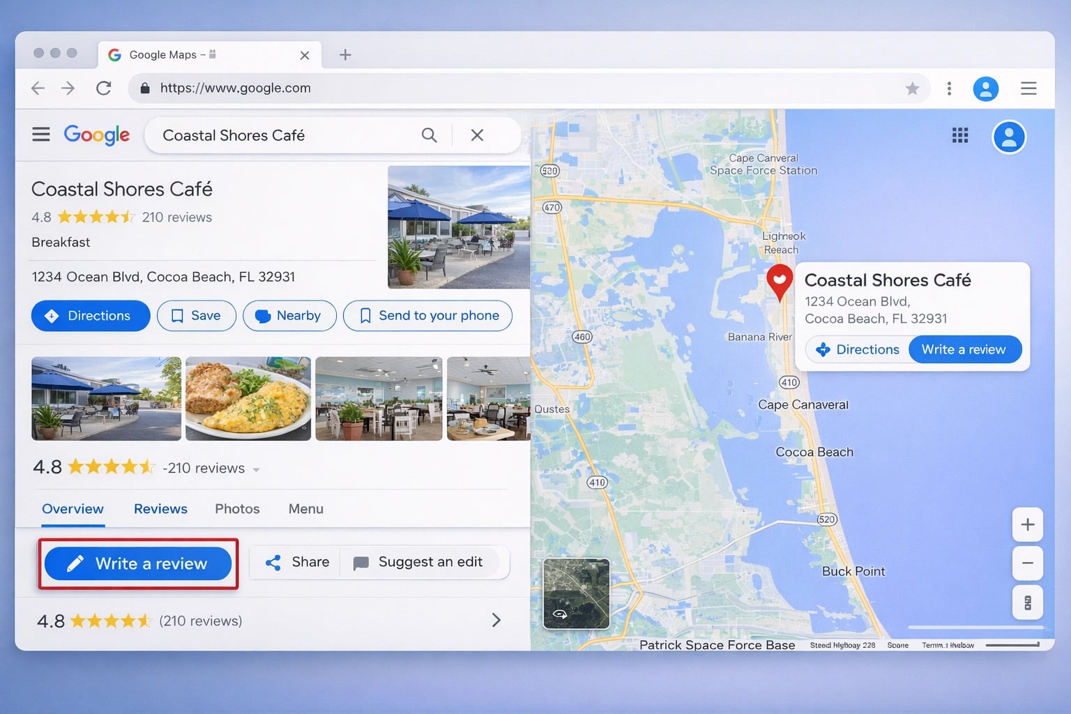 Google Maps interface showing how to write a review for a local business