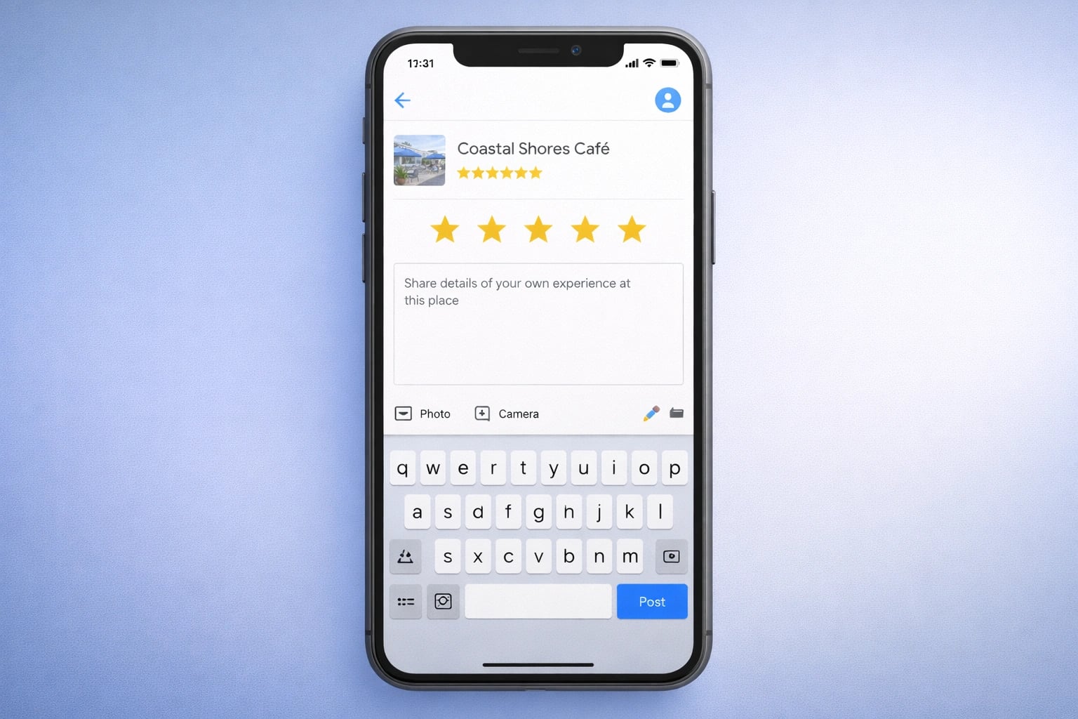 Mobile phone screen showing steps to write a Google review