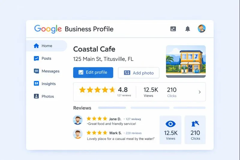 Illustration of the Google Business Profile dashboard showing business details, reviews, and insights