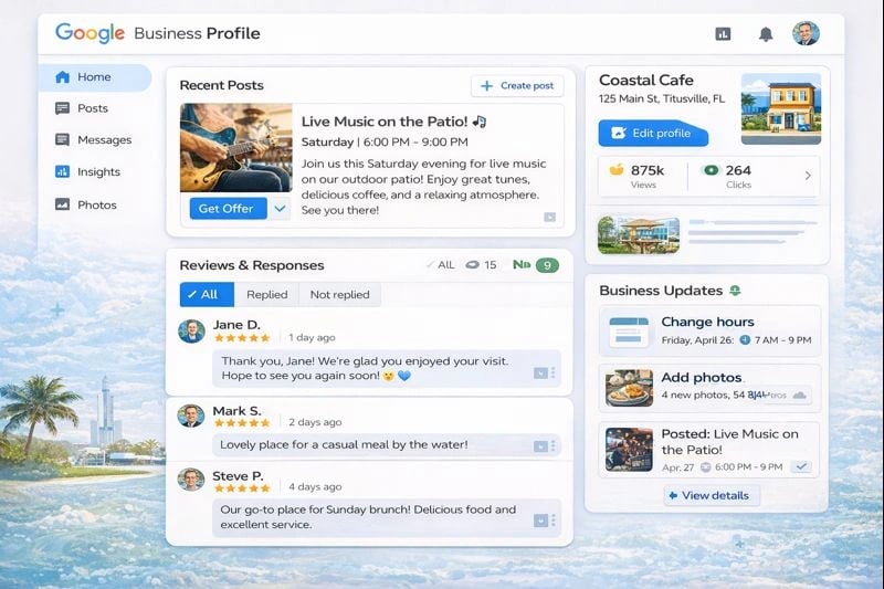 Dashboard view of Google Business Profile management with posts, reviews, and business updates
