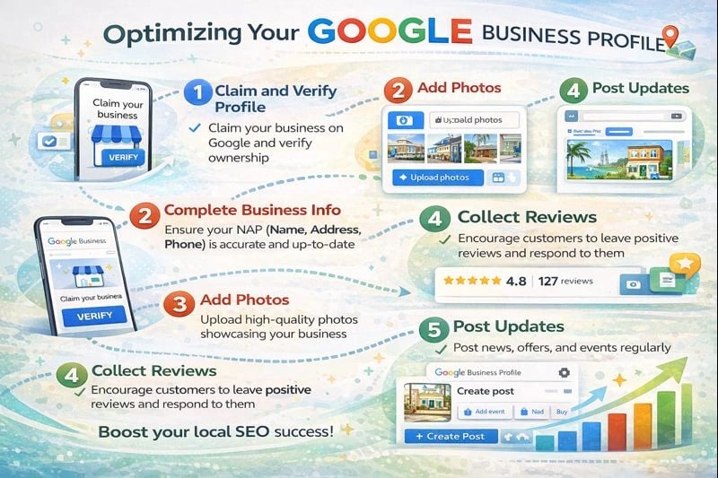 Step-by-step guide illustrating how to optimize a Google Business Profile for local SEO success