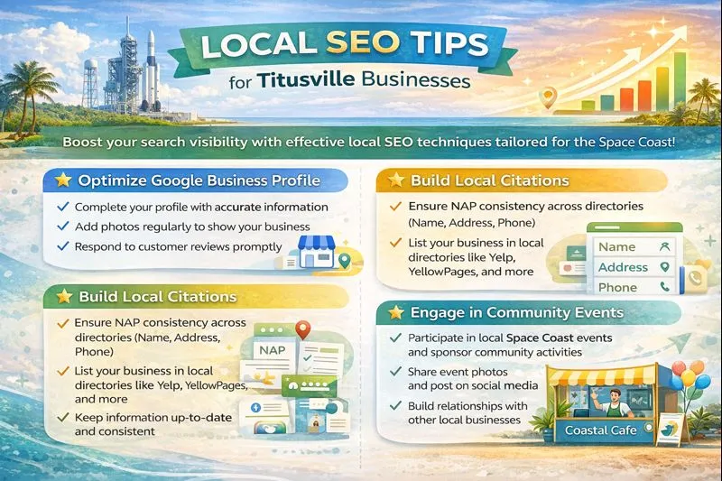 Infographic highlighting practical local SEO tips for Titusville businesses to improve search visibility
