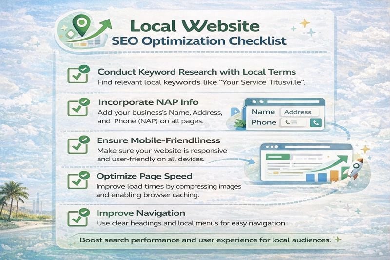 Checklist showing local website SEO optimization tasks for improving search performance and user experience