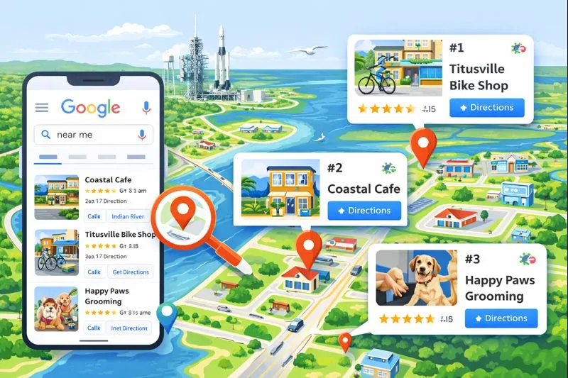 Map illustration showing local search results for businesses in Titusville, Florida