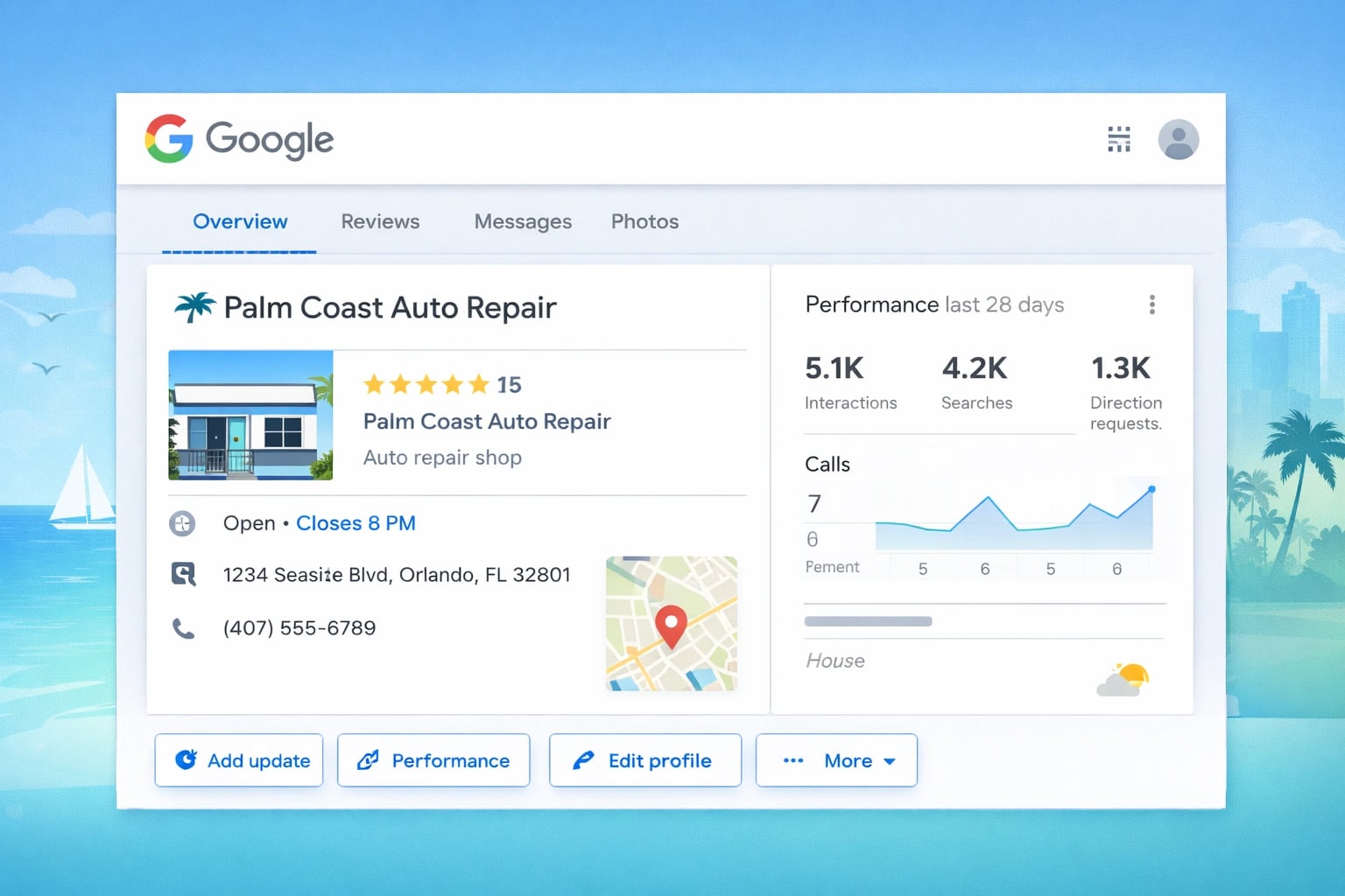 Google Business Profile dashboard showing business information for a Florida company