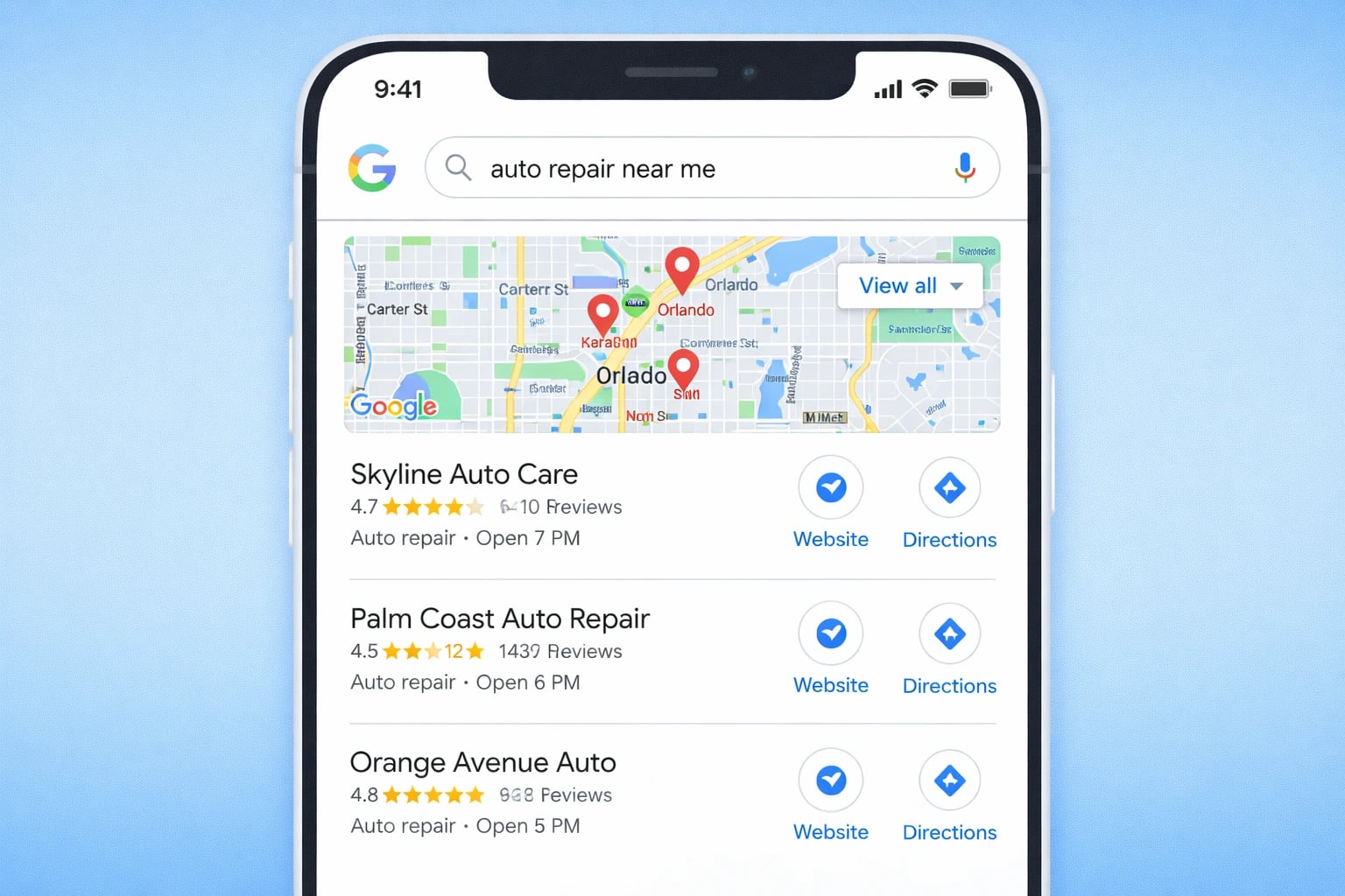 Google Map Pack showing top local businesses in a Florida search result