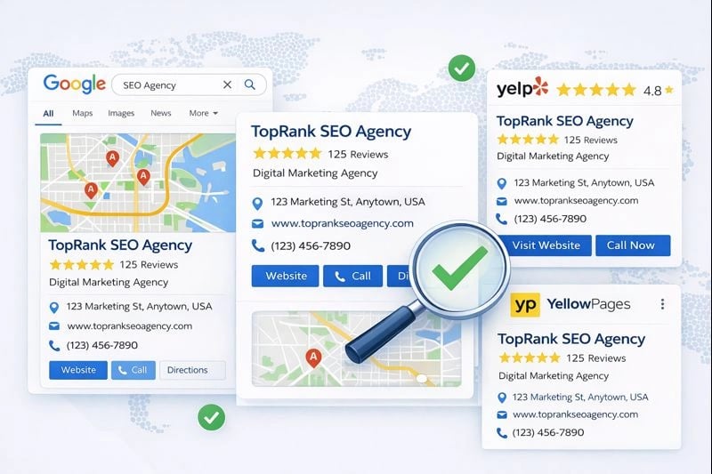 Local business citations across online directories for consistent NAP data