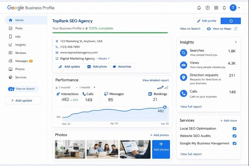 Google Business Profile dashboard showing business information and insights for local SEO