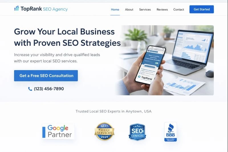 Website optimized for local SEO with clear calls-to-action for business conversions