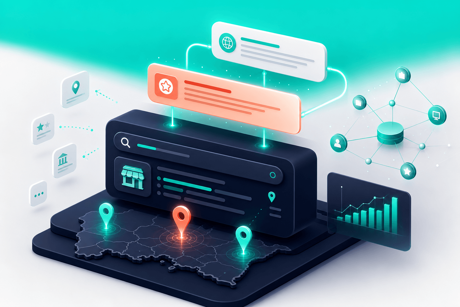 Isometric 3D view of a webpage with the first 30 percent highlighted in teal, direct answer block lifting upward into a citation bubble, deep navy and off-white palette with coral emphasis on the extracted answer, conceptual tech-editorial style