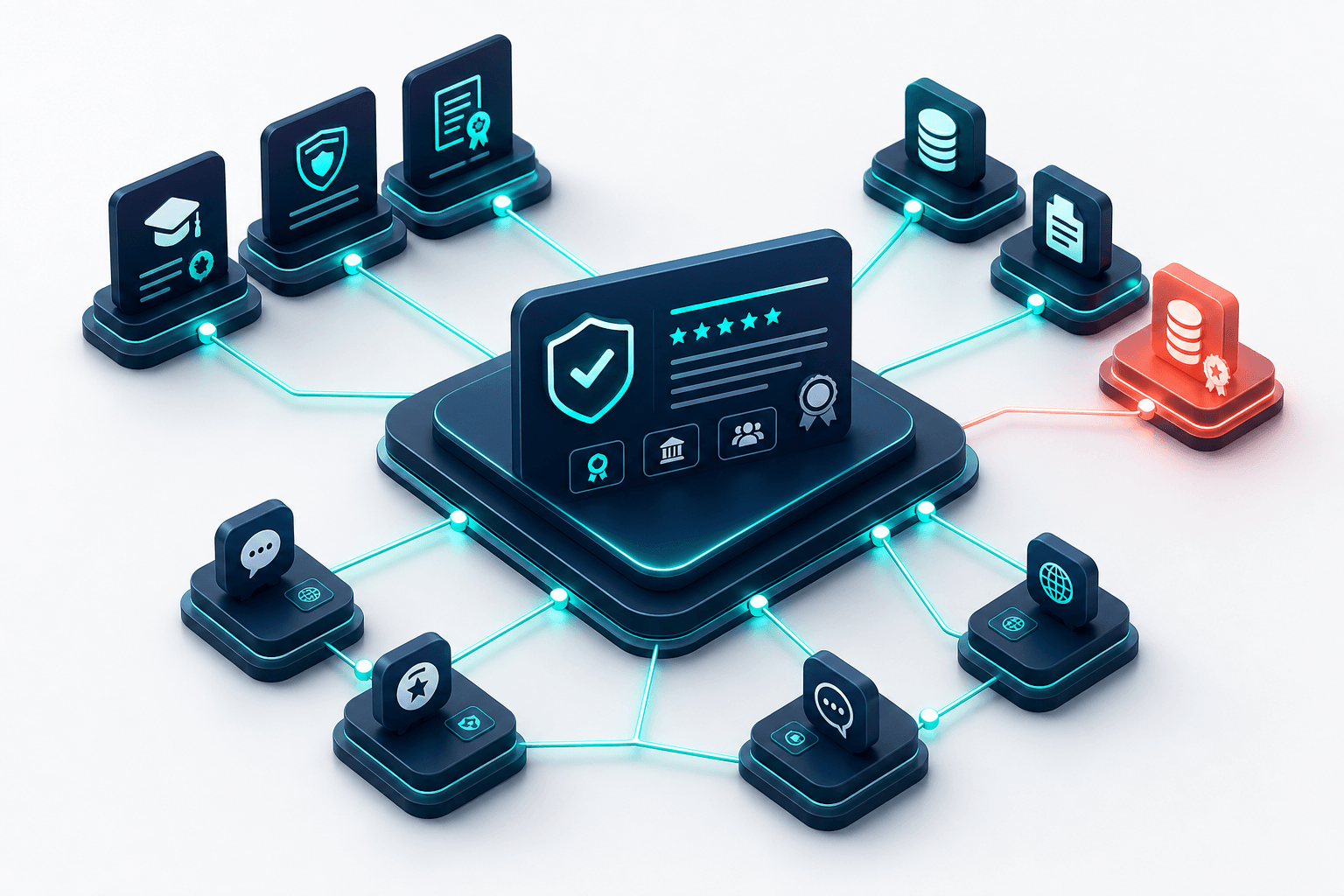 Floating 3D knowledge graph showing author credentials, cited sources, and brand mentions connected by teal lines to a central trustworthy node, deep navy background with off-white accents and coral highlights on verified elements, premium conceptual style