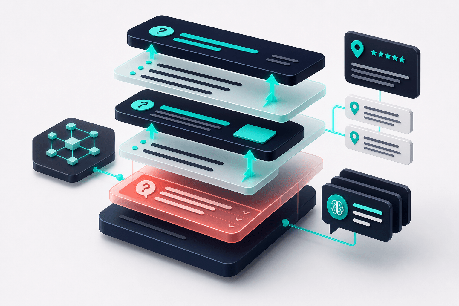 Layered 3D blocks representing question-based headings, bullet lists, and FAQ sections with teal extraction arrows pulling clean content blocks, deep navy and off-white palette with coral emphasis on the most extractable section, conceptual isometric style