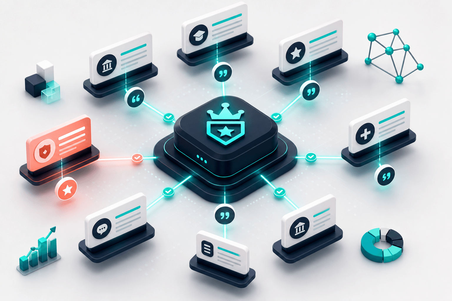 3D isometric visualization of domain authority and cross-source consensus with glowing high-DR nodes connected by consensus lines and citation badges on a deep navy to off-white background