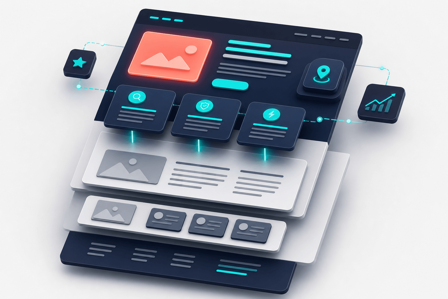 Floating 3D webpage architecture highlighting the first 30 percent section with strong H2 headings and direct answer blocks, teal emphasis markers on a deep navy and off-white gradient