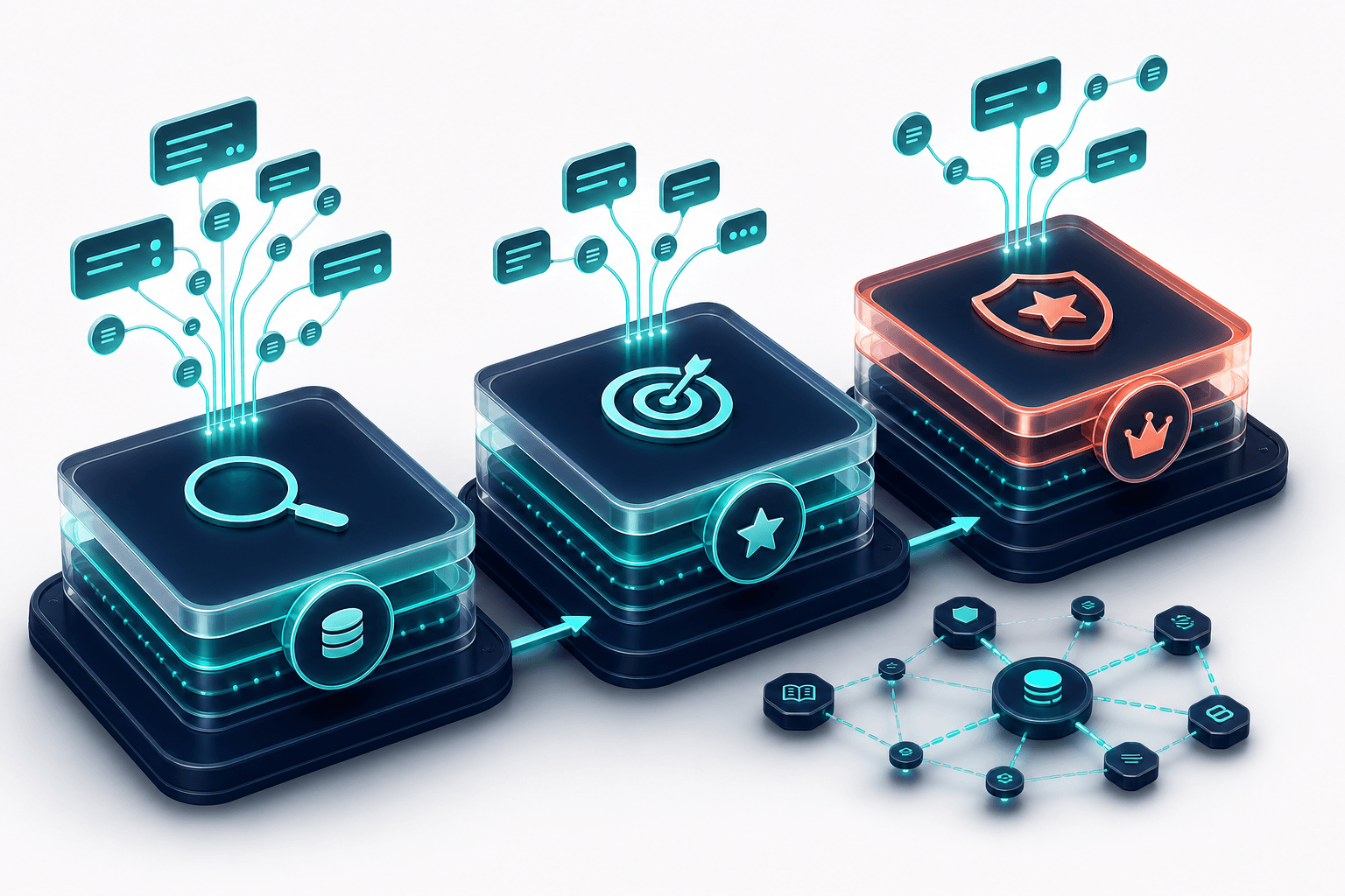 Layered 3D isometric ranking pipeline showing retrieval, relevance scoring, and authority stages with floating citation bubbles and teal connecting lines on a deep navy to off-white gradient background