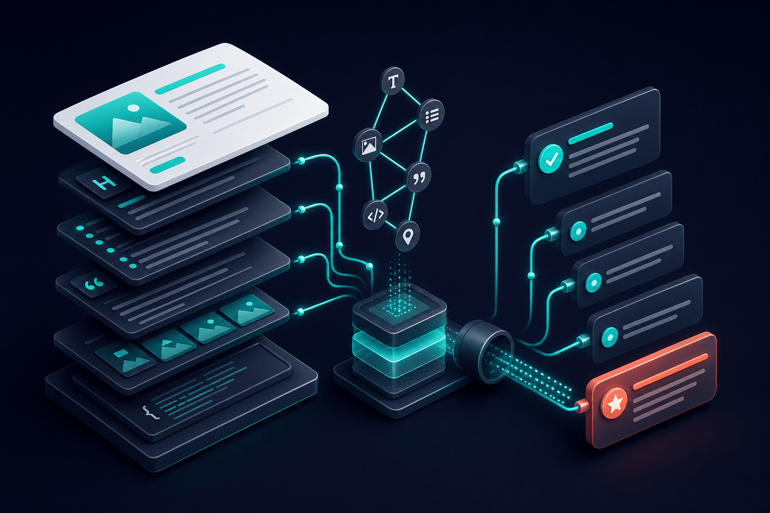Isometric 3D illustration of clean page structure: floating answer cards, short paragraphs, lists, and schema nodes feeding directly into a citation pipeline with teal highlights