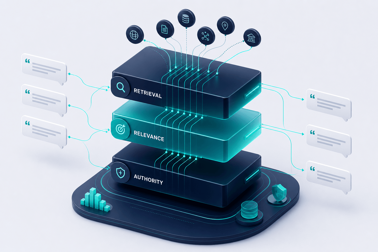 Layered 3D reranking pipeline visualization showing three sequential stages with relevance scoring, cross-encoder evaluation, and authority signals as floating blocks connected by teal lines