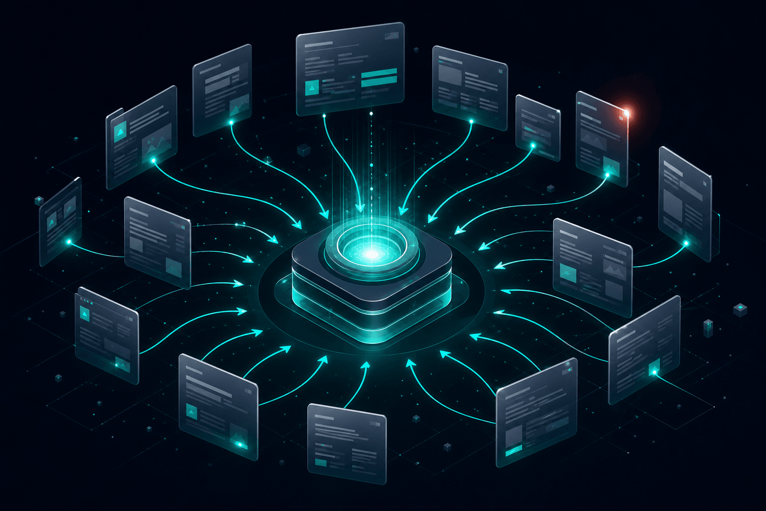 Isometric 3D visualization of real-time web retrieval: multiple data streams and candidate pages flowing as glowing nodes into a central proprietary index with teal connection lines on navy gradient