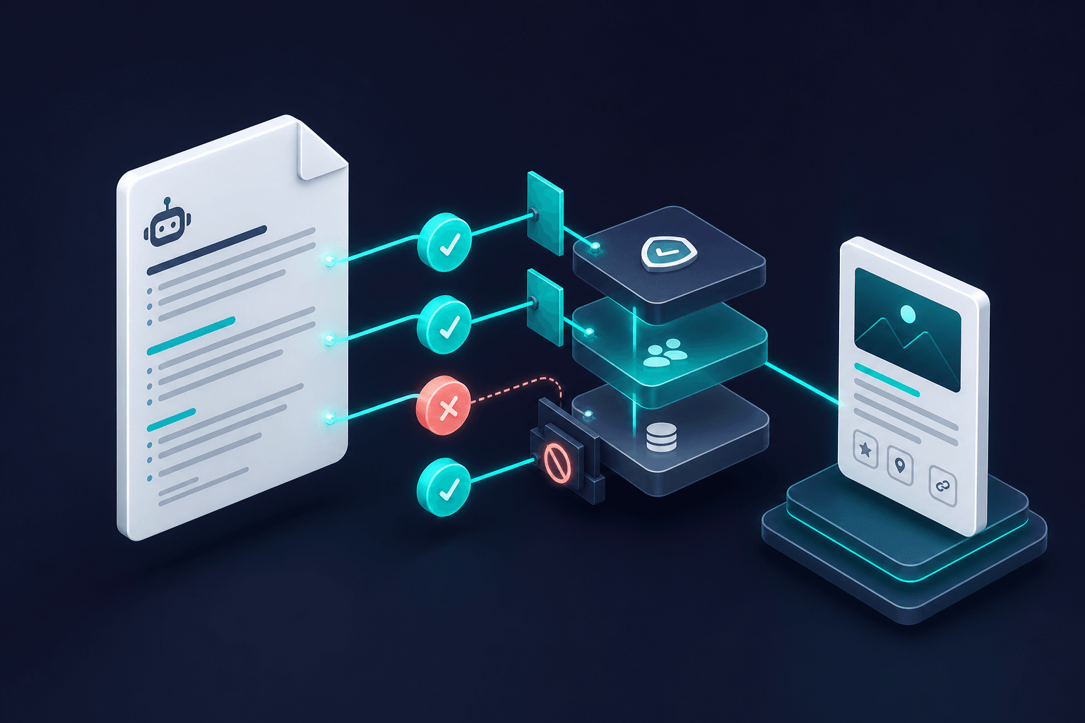 3D isometric view of a stylized robots.txt file with glowing permission nodes and teal access pathways leading to a content card, knowledge graph connections on soft off-white navy gradient