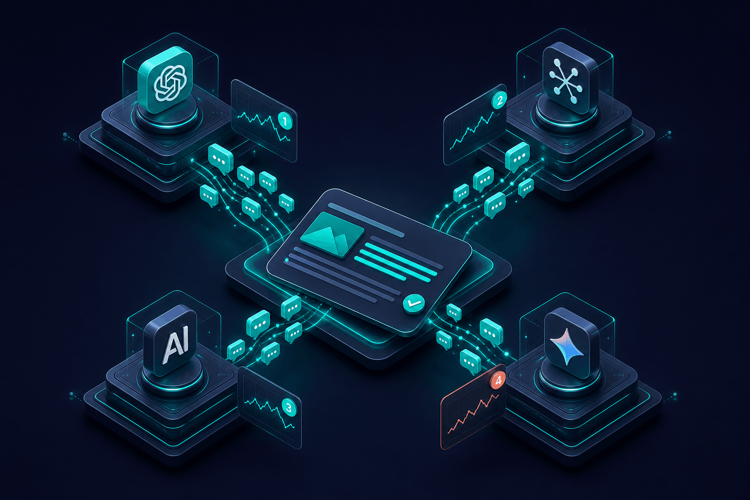 Isometric 3D visualization of citation flows from multiple AI engines into a central result card, glowing teal nodes and retrieval arrows on navy background with soft off-white accents