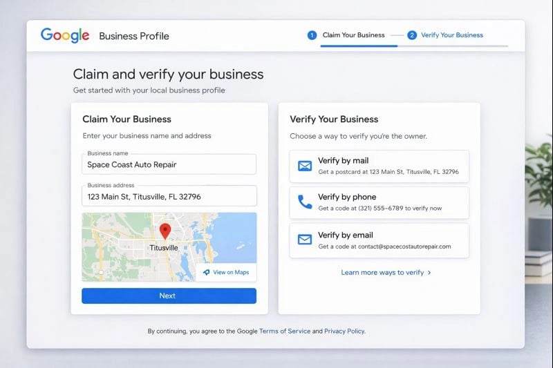 Google Business Profile setup screen for a Titusville business