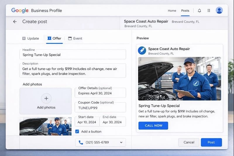 Google Posts update interface for a Brevard County business