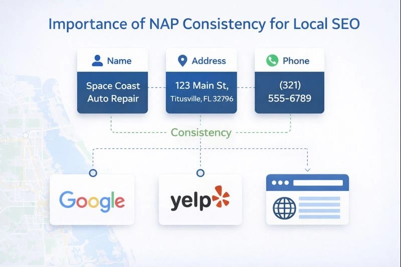 Illustration of NAP consistency for local SEO in Space Coast