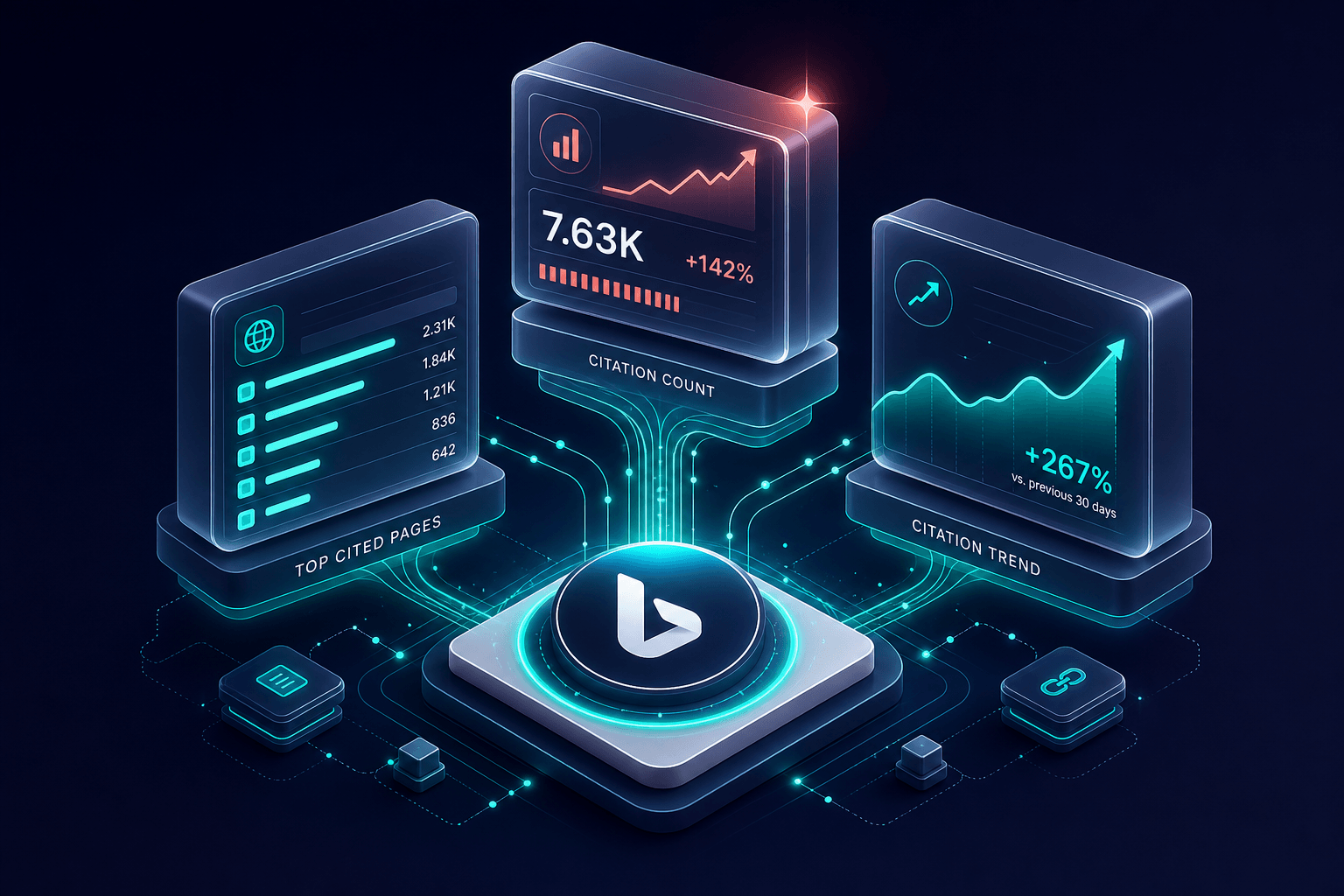 Isometric 3D visualization of the AI Performance report: layered dashboard blocks showing citation metrics, page URLs, and trend arrows rising from a central Bing index node, teal highlights on active citation counts against deep navy and off-white background