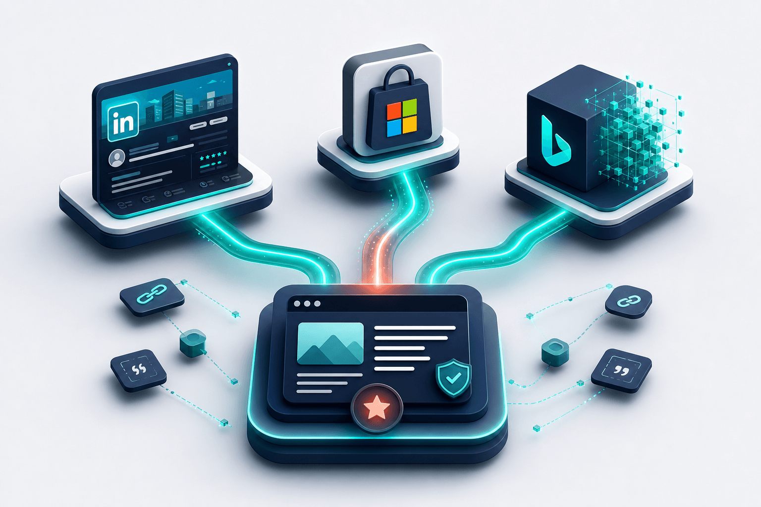 Conceptual 3D illustration of Microsoft ecosystem signals: interconnected floating nodes showing LinkedIn company page, Microsoft Merchant Center, and Bing index connected by teal citation pathways to a central web source, deep navy background with off-white space