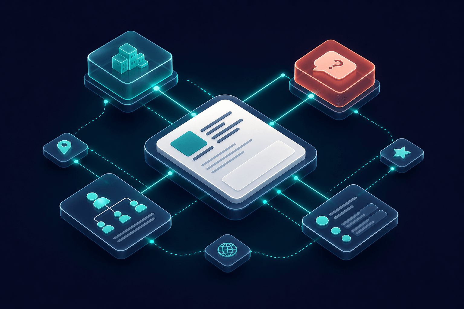 Floating 3D schema graph with Organization and FAQPage nodes connected by teal edges to a central content card, clean isometric style on deep navy with off-white background and subtle coral accent