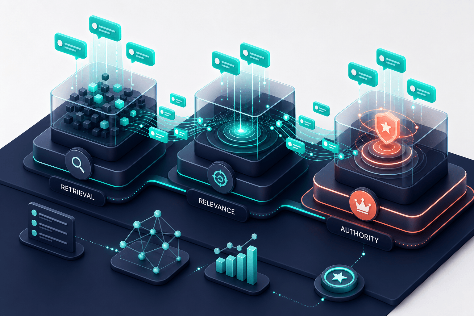 Isometric 3D retrieval pipeline showing layered blocks for Retrieval, Relevance, and Authority with citation bubbles traveling between stages, teal connecting lines, soft navy and off-white background