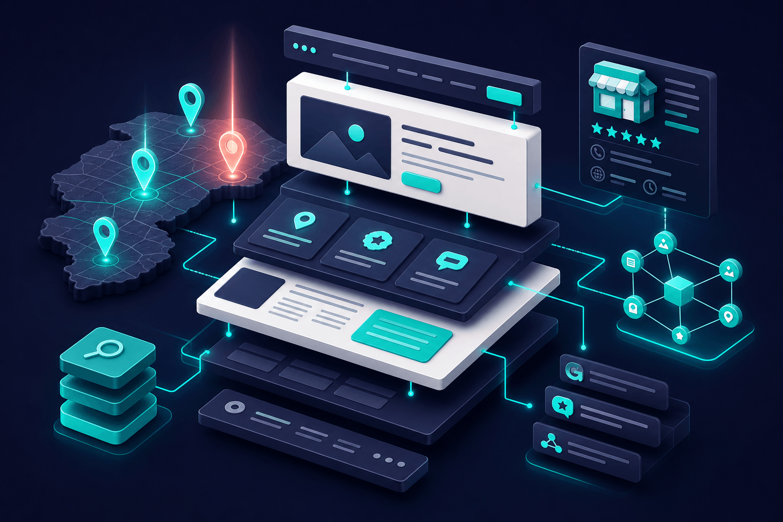 Floating 3D clean HTML page structure with server-rendered text blocks and open crawler pathways, teal highlights on accessible sections, deep navy background