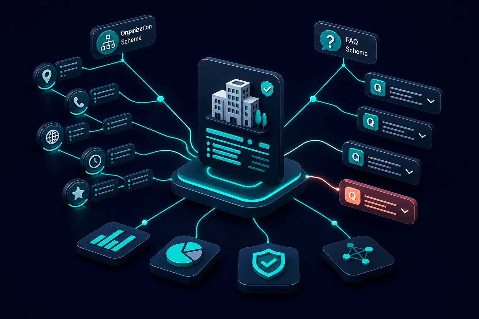 3D knowledge graph with Organization and FAQ schema nodes connected by glowing teal lines, floating above a central entity card, soft navy and off-white background