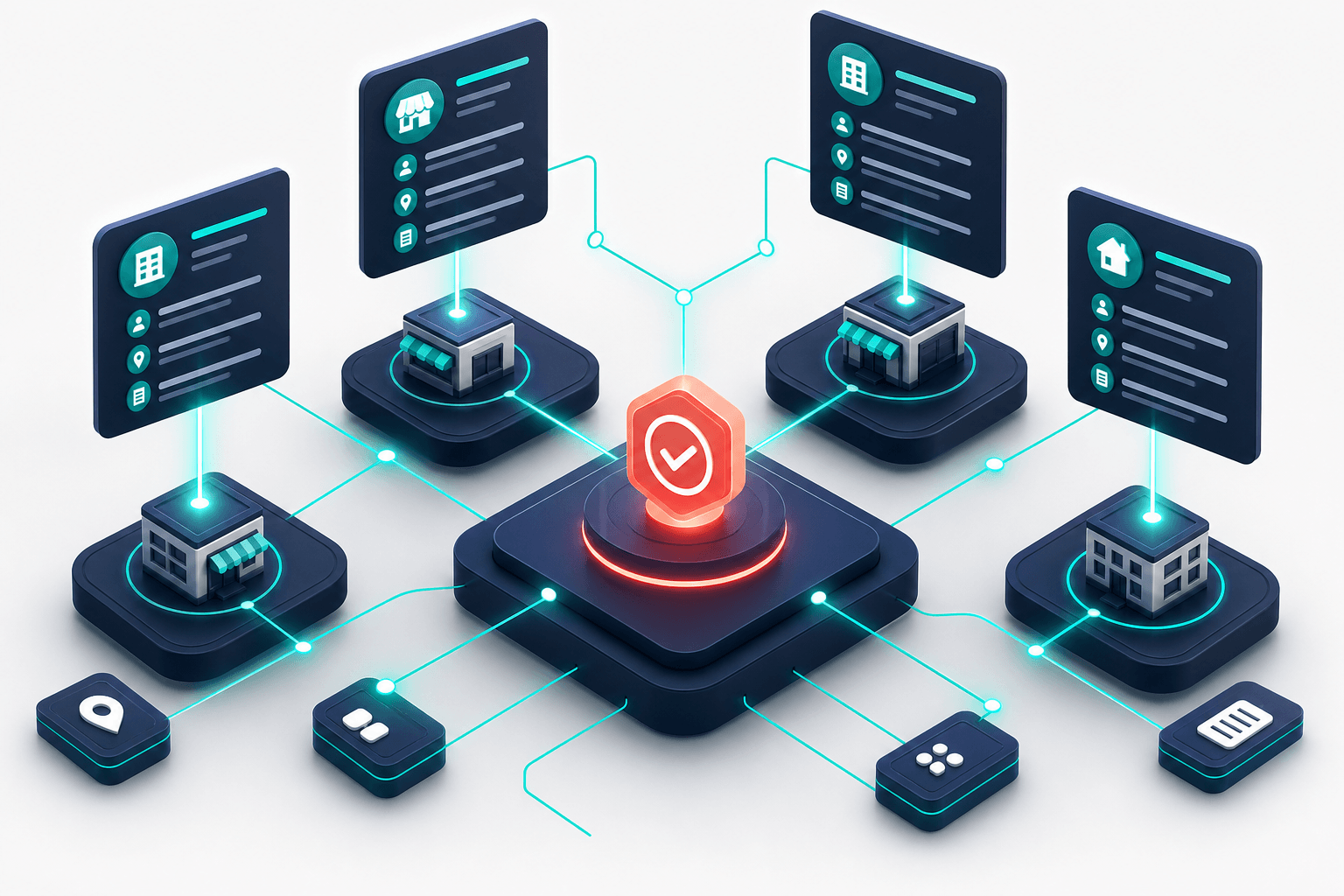 Glowing 3D knowledge graph of connected business entity nodes with consistent NAP data and schema links across platforms, floating in depth with teal connections on deep navy and off-white background