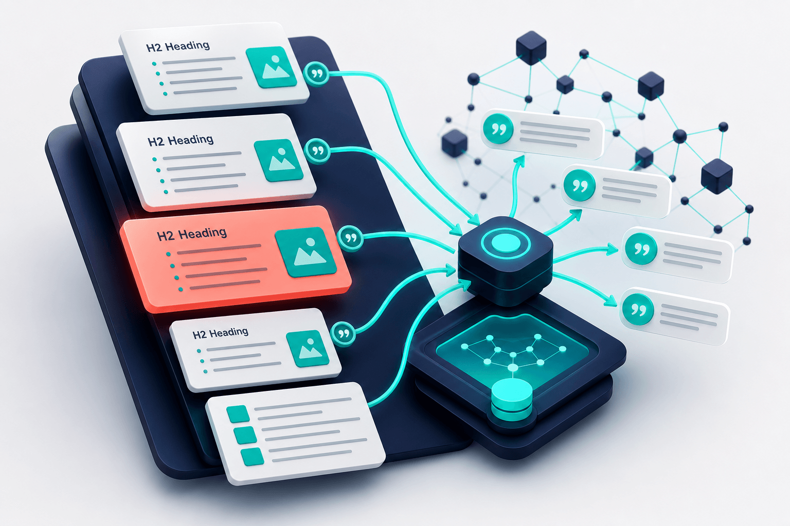 Isometric 3D layered content blocks with clear H2 headings, bullet lists, and extractable fact cards floating in depth, teal citation arrows connecting to a central retrieval node, deep navy and off-white palette with coral emphasis