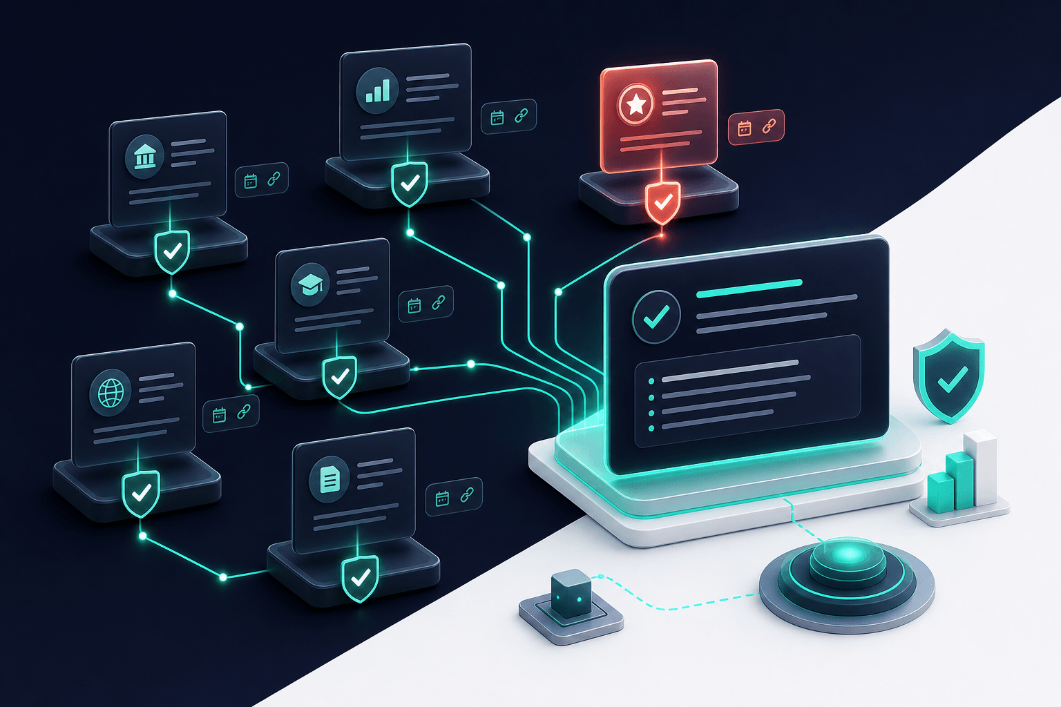 3D conceptual illustration of verified fact nodes with dates and source links forming a trust pipeline, floating above a stylized retrieval-to-answer flow, deep navy background with teal and coral accents