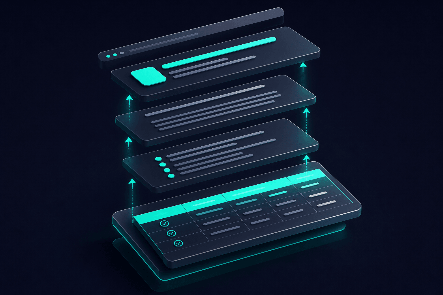 Conceptual 3D illustration of an exploded webpage architecture with floating layers for headings, bullet lists, and comparison tables optimized for AI extraction