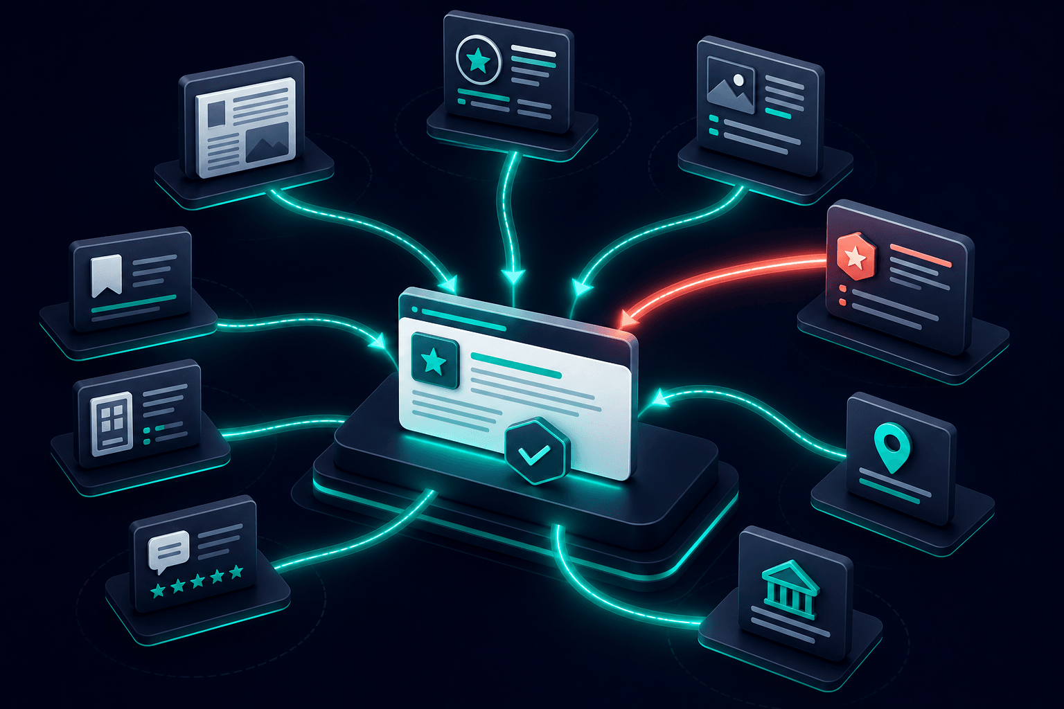 Isometric 3D visualization of external publication nodes and directory badges sending glowing citation links toward a central small-business source card