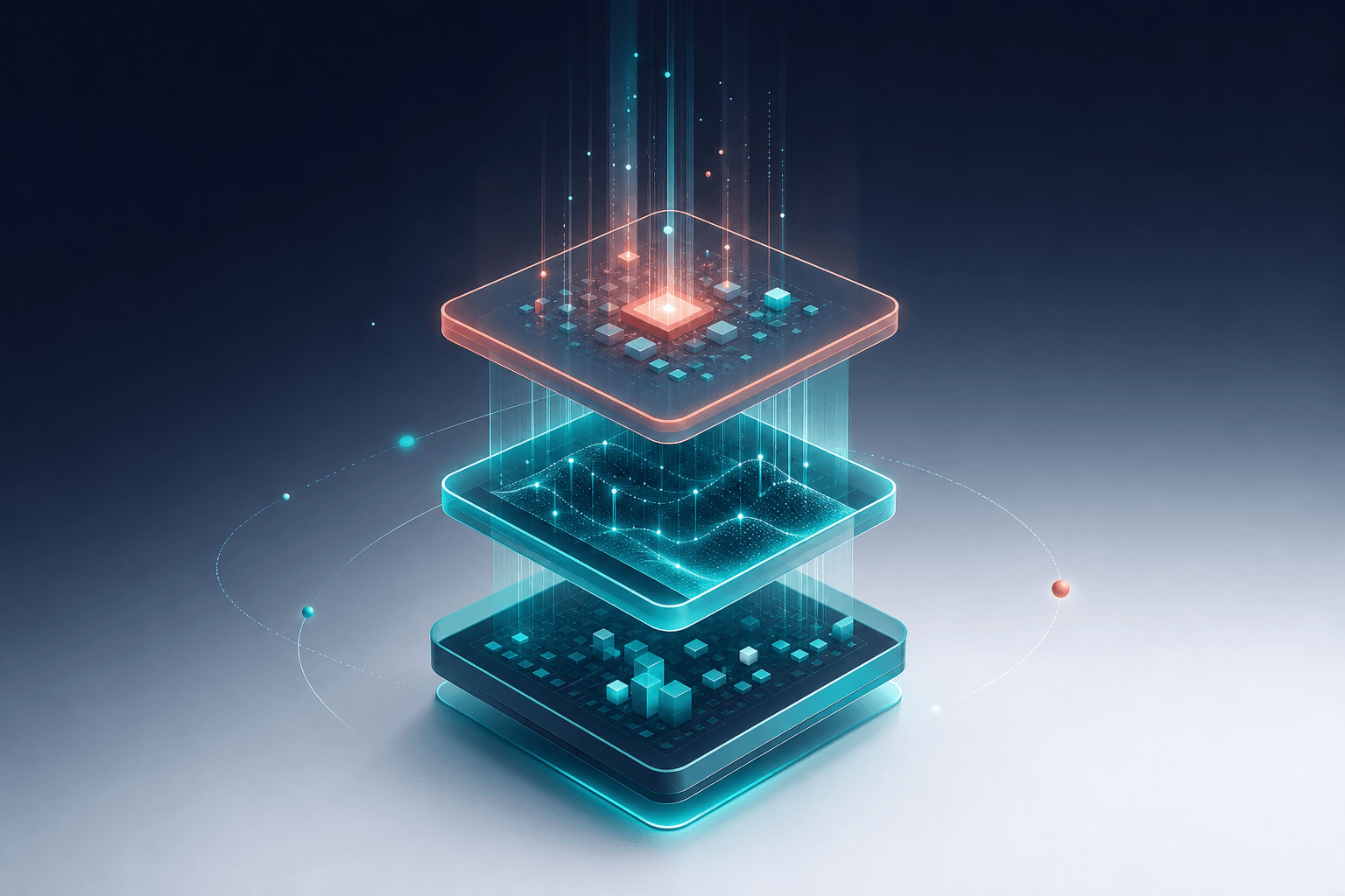 Conceptual 3D illustration of a content freshness pipeline: layered translucent update blocks rising vertically with teal glow and recent data sparks, set on a deep navy gradient with generous off-white space, premium SaaS editorial style