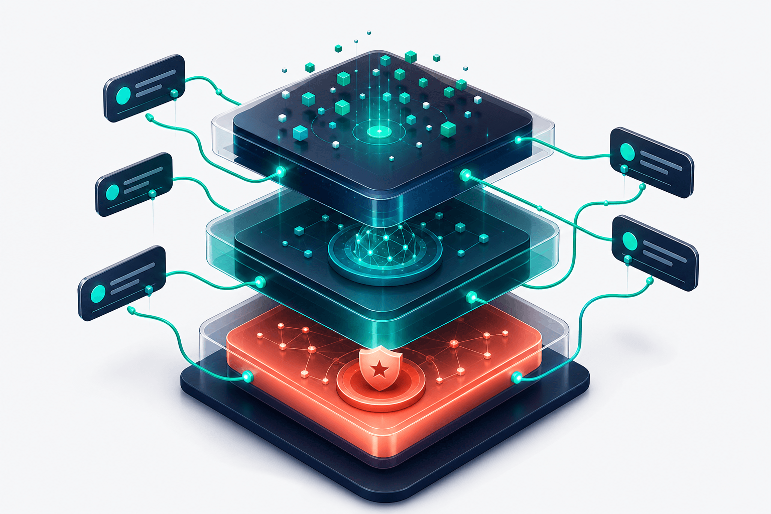 Isometric 3D visualization of Perplexity's three-layer reranking pipeline: floating translucent blocks labeled Retrieval, Semantic Fit, and Authority connected by teal flow lines with citation bubbles, deep navy to off-white gradient background, premium tech-editorial style