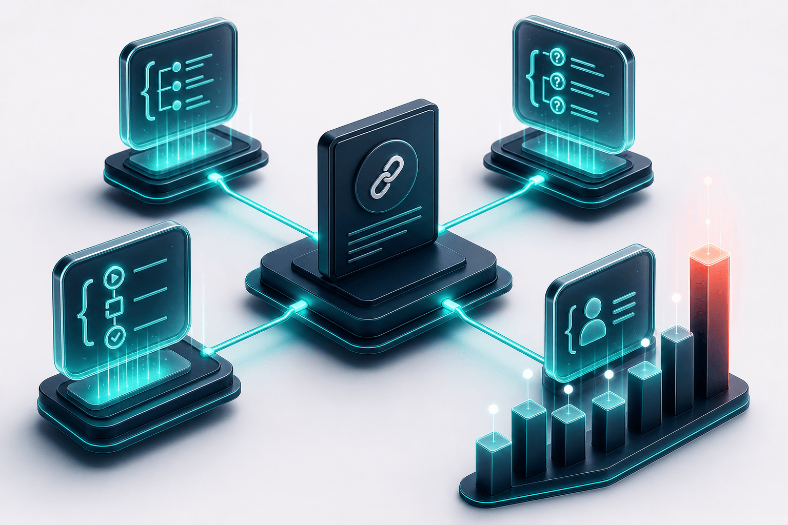 Isometric 3D visualization of schema markup impact: floating JSON-LD nodes (Article, FAQPage, HowTo) connected by teal lines to a central source card with rising citation metric bars, deep navy background with off-white space
