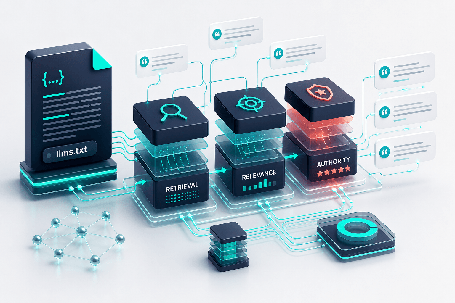 Isometric 3D pipeline showing an llms.txt file feeding into layered retrieval, relevance, and authority blocks with teal connecting lines and floating citation bubbles on a navy and off-white gradient background