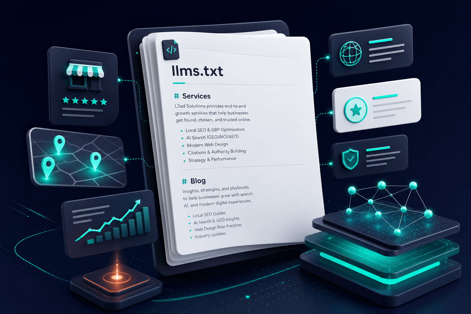 Clean 3D isometric view of a structured Markdown llms.txt file with Services and Blog sections, short page description cards floating around a central document icon on deep navy and light-gray background with teal accents