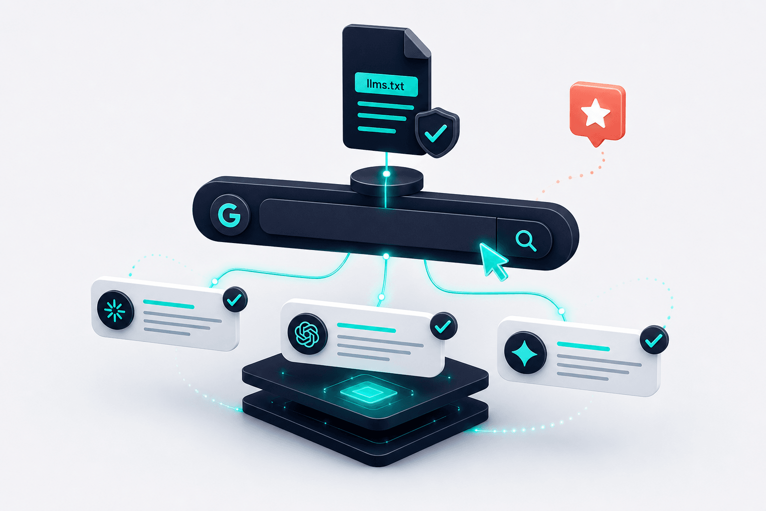 Floating 3D stylized search bar connected to an llms.txt node with verification checkmarks and AI response bubbles on a deep navy background with teal and coral accents