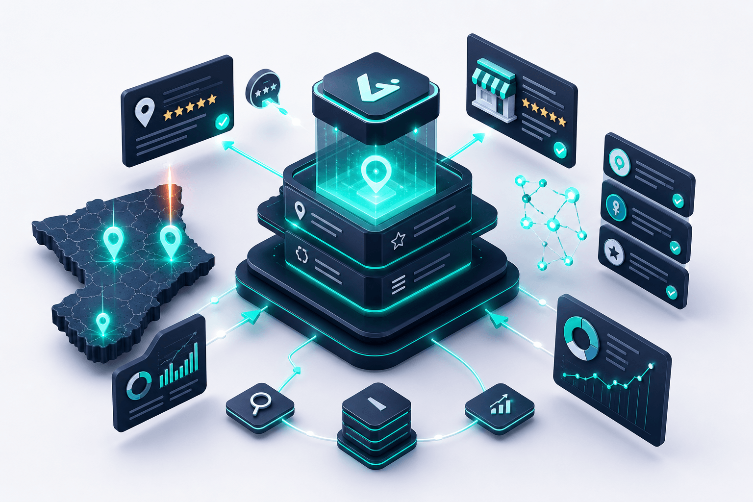 Isometric 3D entity home page represented as a central glowing hub node with structured data layers, clear brand name blocks, and relationship arrows connecting to external profiles on a soft off-white background with teal and navy palette