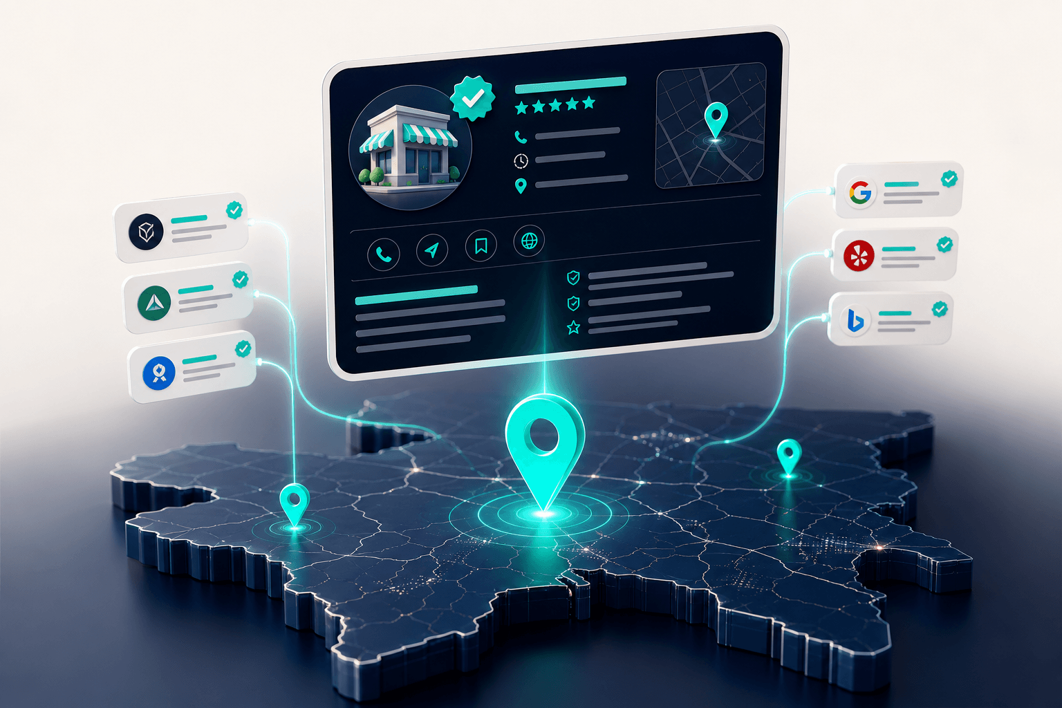 Floating 3D knowledge panel card with verified brand details, glowing teal map pin, and citation connections rising from a stylized regional map on a clean off-white and navy background