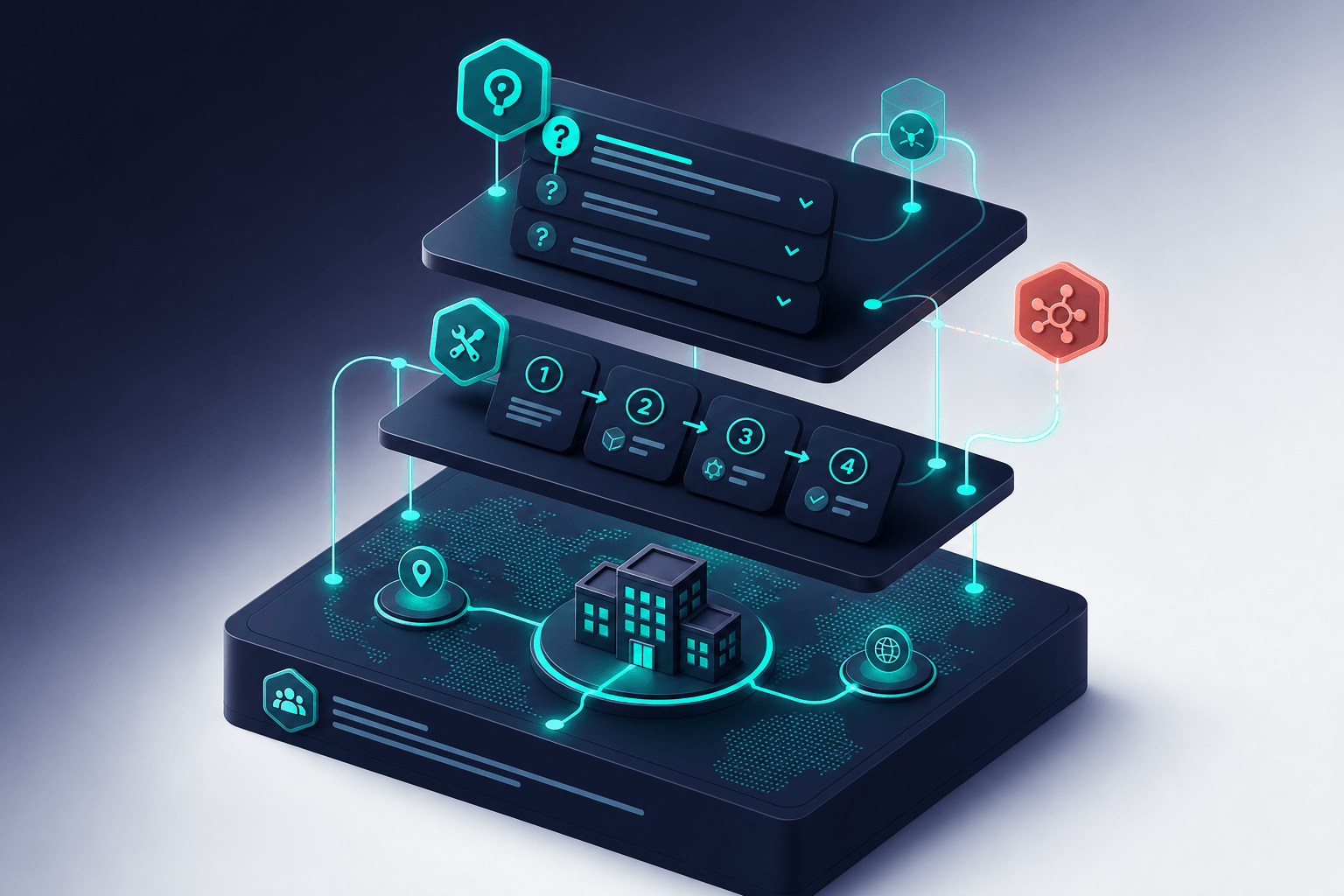 Layered 3D schema blocks floating in space showing Organization schema nesting FAQPage and HowTo markup with glowing teal connections and relationship nodes on a deep navy to off-white gradient