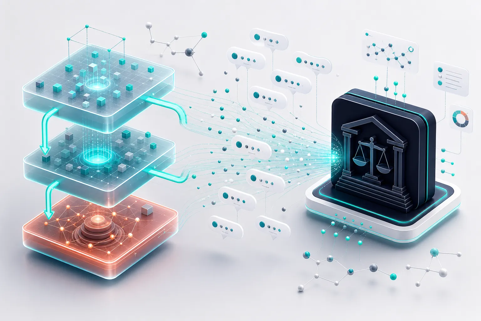 Isometric 3D ranking pipeline showing retrieval, relevance, and authority stages with teal citation bubbles flowing toward a central legal source card for AI search visibility