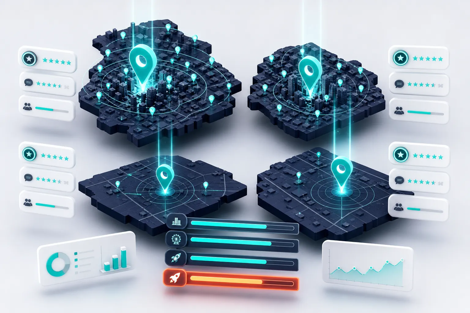 Conceptual 3D illustration comparing Florida legal market competition with four city map markers, floating review-count metric cards, and opportunity-score bars in teal and coral on a navy and off-white field